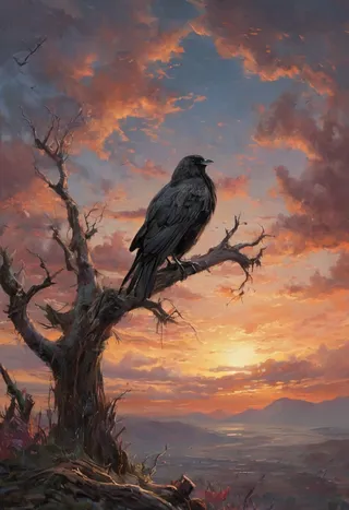 A detailed oil painting of a black raven perched on a gnarled, leafless tree branch against a vibrant sunset sky with orange and red clouds, distant mountains, and a soft glowing moon.