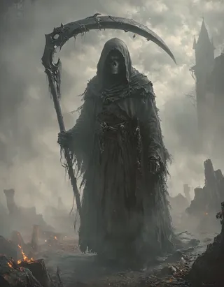 Grim Reaper cloaked in dark, tattered robes holding a large, ornate scythe, standing in a misty, ruined landscape under a gloomy sky.