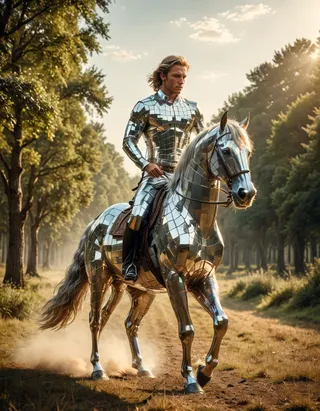 A male nymph dressed in reflective metallic armor riding a horse covered in matching shiny metallic armor through a sunlit forest path with trees lining both sides.