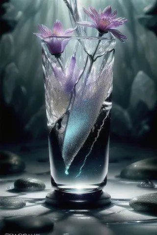 A glass vase containing delicate crystal flowers with a blend of ice and water elements, illuminated by soft ambient lighting with a monochrome to vibrant color transition.