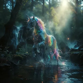A photorealistic transparent ghost unicorn with a shimmering rainbow-colored mane rearing up in a dark, misty forest with volumetric god rays and swirly bokeh effects.