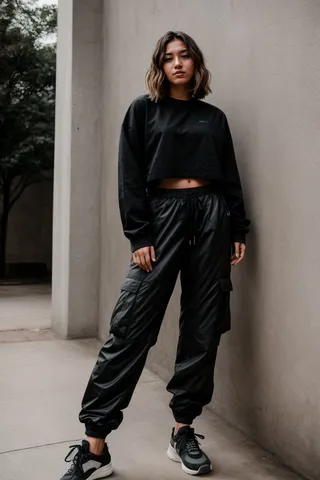 Portrait of a young woman with an angled bob hairstyle, wearing a black cropped sweatshirt, shiny black cargo pants, and chunky black and white sneakers, standing against a concrete wall with soft natural lighting.