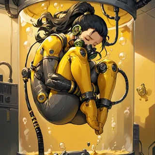 A cybernetic girl with black hair tied in a ponytail, wearing a yellow and gray body suit, floating in fetal position inside a yellow-tinted stasis tank, equipped with a respirator mask and connected by cables.