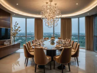 Elegant dining room featuring a glossy oval table surrounded by curved velvet chairs, illuminated by a unique bubble-like chandelier and floor-to-ceiling windows with earthy curtains.