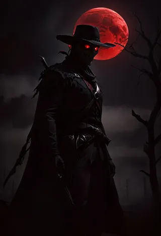 A dark, eerie cowboy wearing a mask with glowing red eyes stands under a large blood red moon, surrounded by night shadows and barren trees.