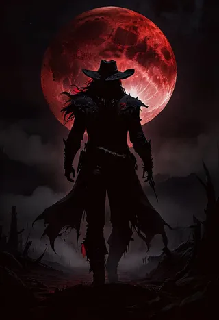 Silhouette of a dark, creepy cowboy with a wide-brimmed hat standing in front of a large blood moon at night, surrounded by dark shadows and fog.