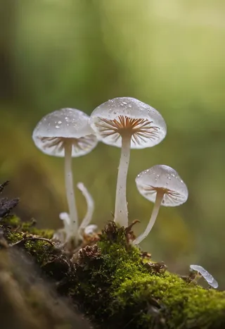 Photographie macro en gros plan de champignons Mycena translucides avec des gouttes d'eau poussant sur un sol forestier couvert de mousse, sur fond d'un doux bokeh vert.