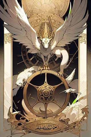 Detailed artistic depiction of the Wheel of Fortune tarot card featuring a winged sphinx perched atop a mystical wheel adorned with alchemical symbols and surrounded by mythological creatures.