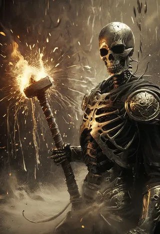 A silver skeleton cyborg in detailed armor holds a flaming Mjolnir battlehammer, surrounded by sparks and splinters in a smoky, cinematic atmosphere.