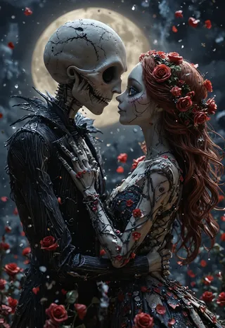 Jack Skellington and Sally embracing with roses under a full moon in a dark night sky, inspired by Tim Burton style