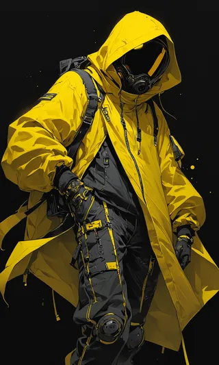 Full body illustration of a techwear-clad figure wearing a yellow cloak and gas mask, with intricate details and vibrant colors against a black background.
