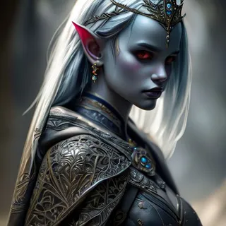 Photorealistic portrait of a female drow ranger with dark makeup, red eyes, white hair, wearing intricate leather armor with leaf patterns and a tiara.