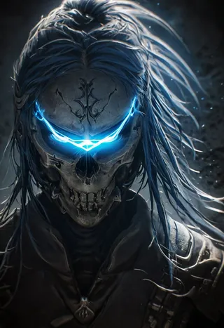 Closeup of a photorealistic skull ninja with glowing blue translucent eye-trails and long flowing hair, wearing dark futuristic armor with cinematic atmospheric haze and film grain effects.