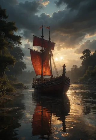 A sailing ship with vibrant red sails floats gently on calm water at sunset, surrounded by lush trees under a dramatic sky with clouds.