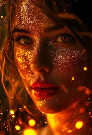 Close-up portrait of a young woman with gold dust on her face, glossy red lips, warm glowing light, and embers floating around her in a dark background.