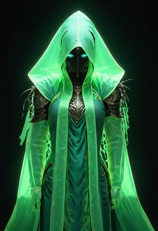 A mysterious cyborg shinobi wearing a voluminous translucent glowing green hooded cape, dark ornamental feudal armor, and vibrant blue-green glowing eyes under the hood in a dark ambient setting.
