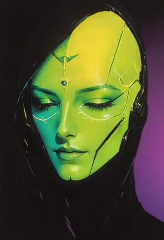 A highly detailed wired cyborg with neon-green face and closed eyes, wearing a dark hooded linen cape, illuminated in vibrant synthwave colors and volumetric lighting.