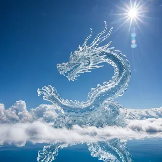 A transparent water dragon sculpture formed by clouds and water in a clear blue sky with sunlight