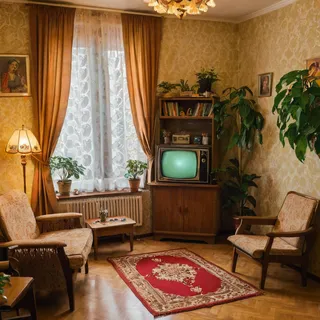Cozy Soviet-style living room featuring vintage TV, patterned wallpaper, wooden furniture, lace curtains, indoor plants, and plush armchairs.