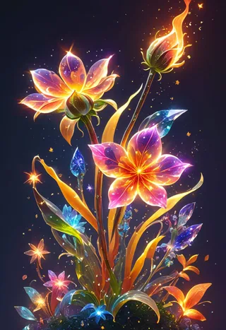 Vibrant budding crystal flowers infused with fire and woven with stars glowing against a dark background, featuring intricate details and atmospheric lighting.