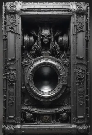 A highly detailed gray biomechanical washing machine featuring a central circular door and a prominent skull motif in the Giger style.