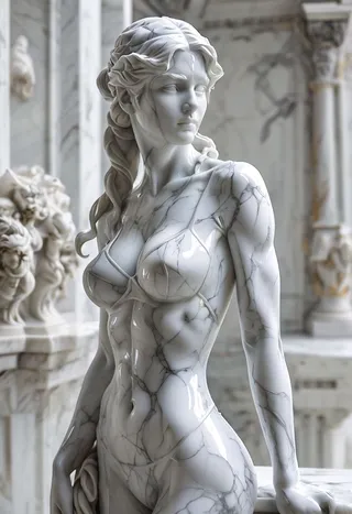 Highly detailed marble statue of a woman in Michelangelo style with white marble skin and intricate veining, depicting a full-body figure with classical features and braided hair.