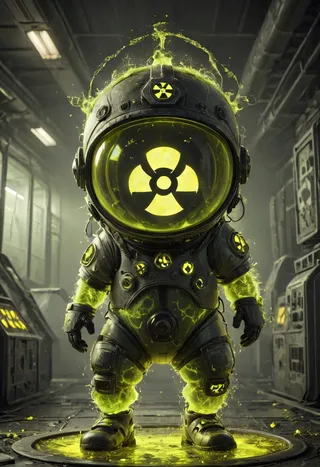 Character in a bulky radiation suit with glowing yellow radioactive hazard symbols in a dim industrial setting