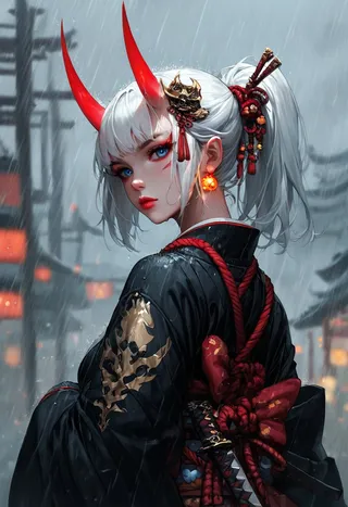 Close-up of a samurai woman with white hair tied in a ponytail, glowing red oni horns, blue eyes, wearing a black kimono with gold motifs, holding a katana in the rain at night.