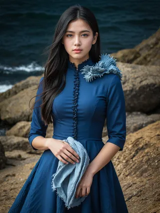 A girl with long black hair and dark blue eyes wearing a blue dress decorated with shellfish and miniature marine creatures, standing before an ocean and rocky background.