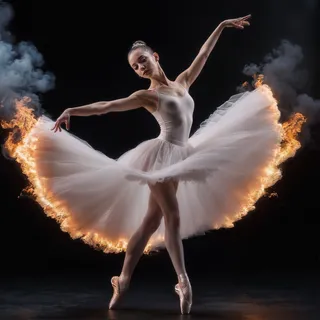 A ballerina wearing a white outfit and tutu with flames dancing along the edges of her skirt, posed gracefully against a black background with smoke surrounding her.