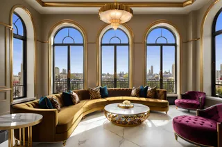 Luxurious 1920s Art Deco penthouse living room with arch top windows, a curved sofa with plush pillows, gold accents, marble surfaces, and velvet chairs