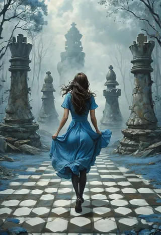 A woman in a blue dress with long dark hair walks toward giant weathered chess pieces on a tiled chessboard in a foggy, ruined forest landscape.