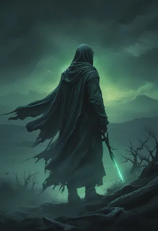 A shadowy figure wearing a dark tattered cloak stands on a desolate, rocky heath under a moody, stormy sky with green mist and a glowing sword in hand, depicted in gothic art style.