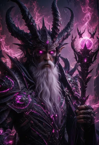 A mystical warrior with dark purple skin and glowing violet eyes, wearing ornate black and pink armor with sharp spikes, a horned helmet, and holding a staff with a glowing purple crystal.