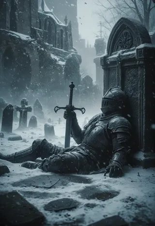 A fallen knight clad in full armor lies resting against a gravestone in a snow-covered graveyard, holding a sword with its blade buried in the snow while snowflakes gently fall around him under a gloomy sky with a dark gothic castle in the background.