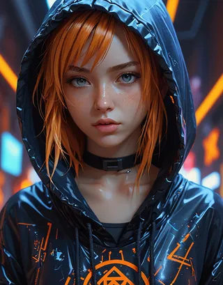Hyper-detailed cyberpunk girl portrait with messy orange hair wearing a dark blue hooded tunic and obsidian medallion, illuminated by side lighting and neon graffiti background.