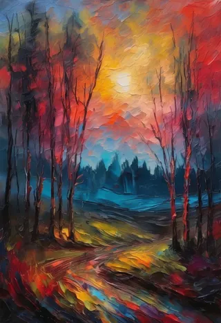 Un paysage magique vibrant et coloré peint en style gouache avec une ambiance sombre et mélancolique, des coups de pinceau épais et une toile texturée.