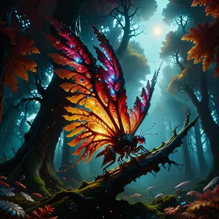 A glowing rubyblep with brightly colored intricate wings perched on a moss-covered branch in a lush, enchanted forest under moonlight, featuring glowing spores and atmospheric lighting.
