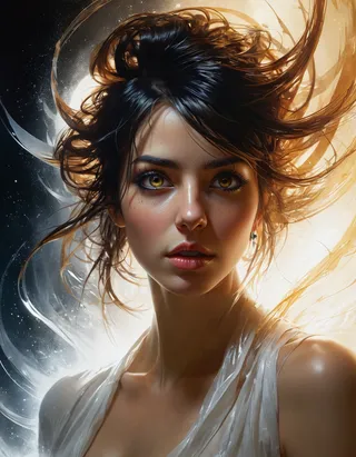 A hyper detailed digital portrait of an alluring woman with flowing hair, golden eyes, and translucent fabric, surrounded by an ethereal spiritualistic glow.