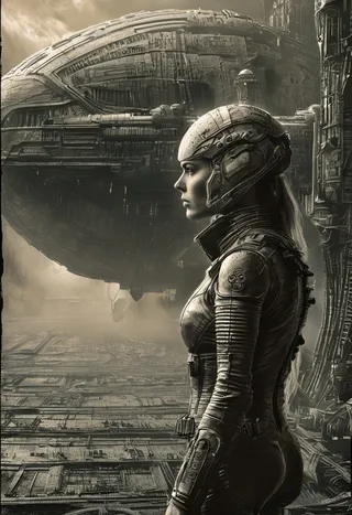 A young female starship pilot with long blonde hair and mechanical armor helmet stands in a foggy cargo port next to a large rusty spaceship, with a distant city and planetary rings visible in the background, rendered in a style inspired by HR Giger.