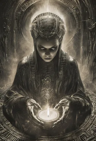 A grim faced young sorcerer in a black robe holding a glowing fire bowl amid a ritualistic magic circle with mist and portal, rendered in an HR Giger biomechanical style.