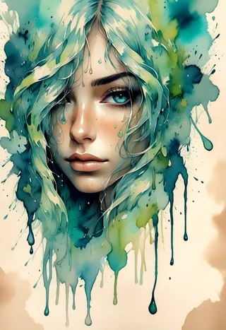 Close-up portrait of a girl with long light green hair, blue petals on her cheeks, and realistic skin texture, surrounded by dripping watercolor splashes in green and blue tones.