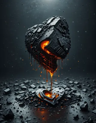 A dark anthracite heart-shaped clump cracking open with glowing orange molten oil dripping and floating fragments around it in a dark environment.