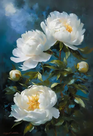 Impressionistic palette knife painting of white peonies bathed in cool blue hour light with moody, twilight ambiance