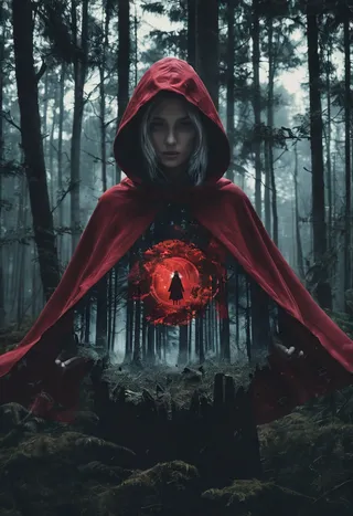Donna con mantello rosso con cappuccio in una foresta oscura, con effetto doppia esposizione e un buco nero rosso brillante sul petto.