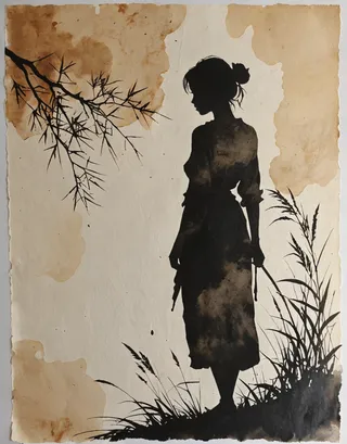 High contrast ink and watercolor painting of a girl silhouette on textured rice paper with branches and grass, showcasing wabi-sabi style.