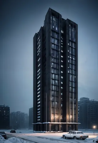 Tall Stalinist style Soviet skyscraper illuminated by LED lights at night in a snowy urban environment with a futuristic style Lada car parked nearby.