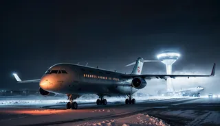 Futuristic airplane landing on a snowy airport runway in a future Soviet city at night, illuminated by harsh lighting and a glowing air traffic control tower.