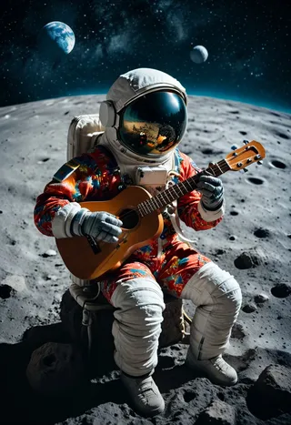 Astronaut wearing a vibrant Hawaiian shirt plays a ukulele while sitting on the moon's surface with Earth rising in the starry background.