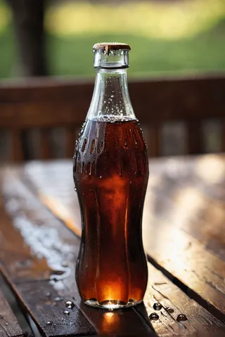 Glass cola bottle with water droplets placed on a wooden table with a blurry outdoor background
